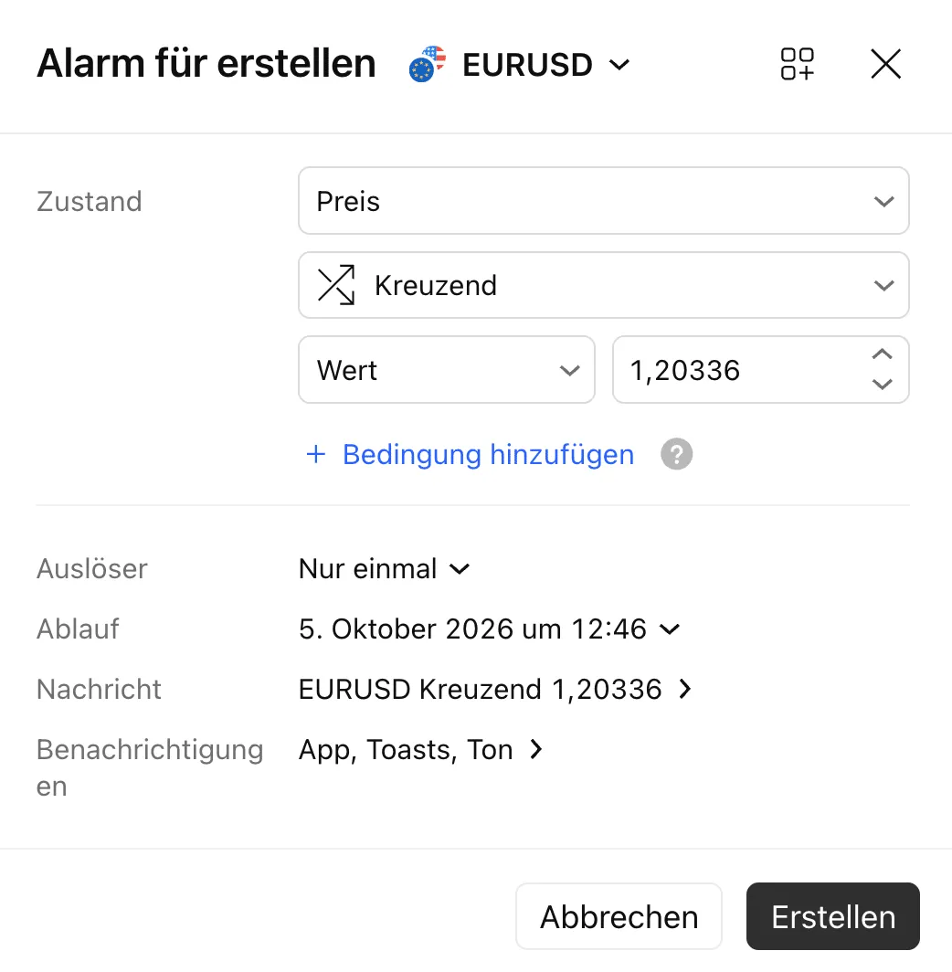 TradingView create alert dialog with the condition price crossing and an expiry date
