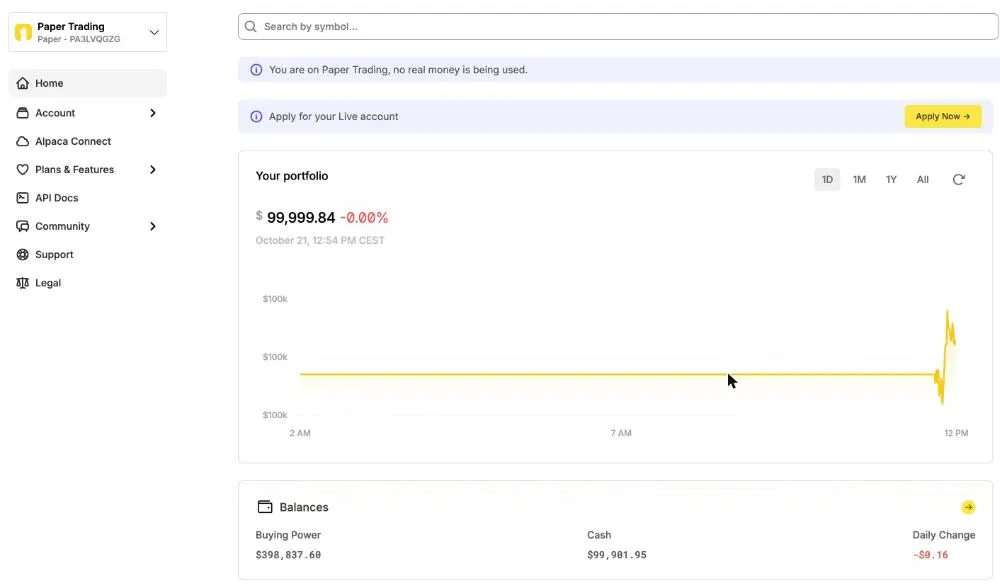 Alpaca paper trading dashboard showing a portfolio value of $99,999.84, a one-day chart and balances with $99,901.95 cash