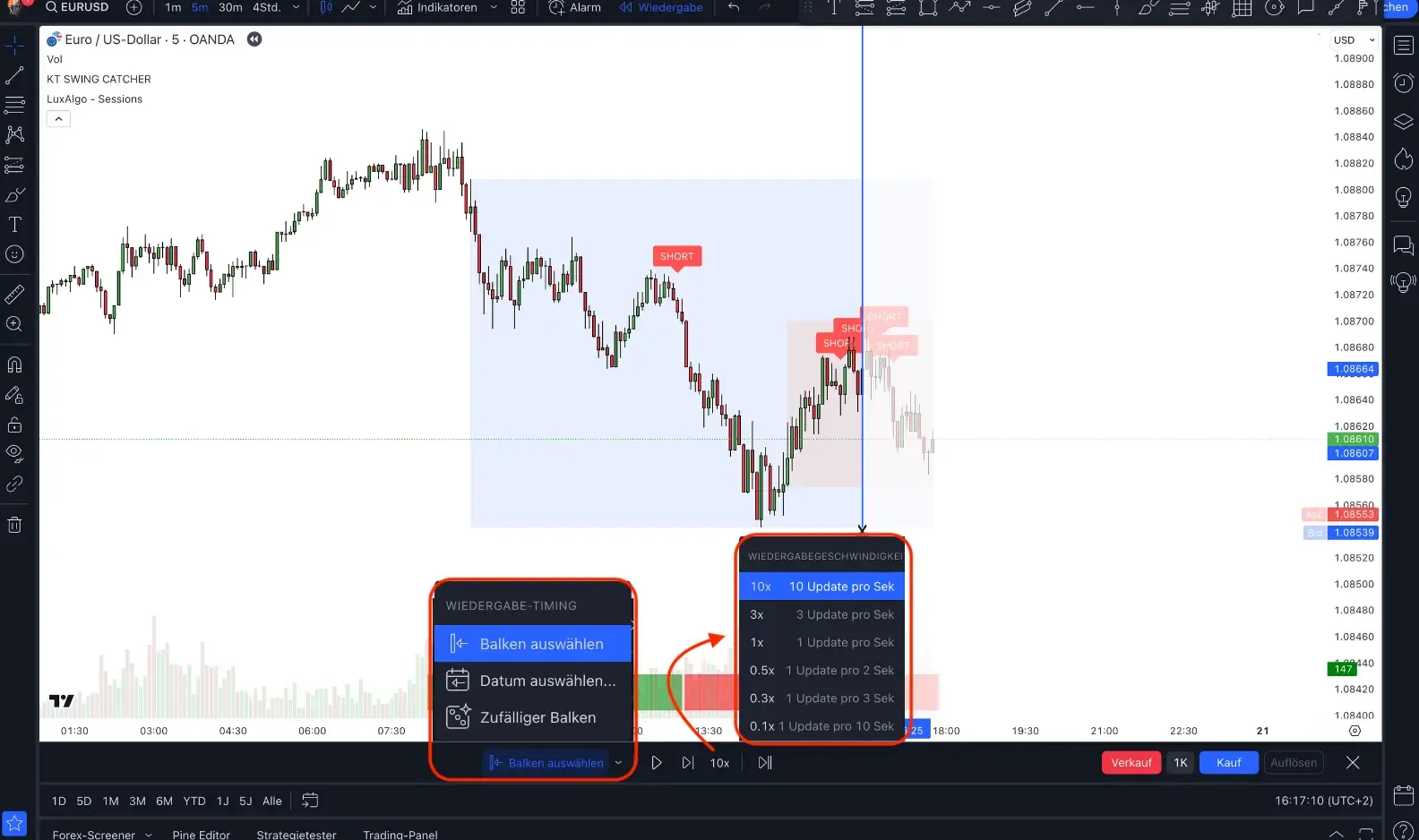 Bar Replay controls in TradingView: menu for the starting point and menu for the replay speed
