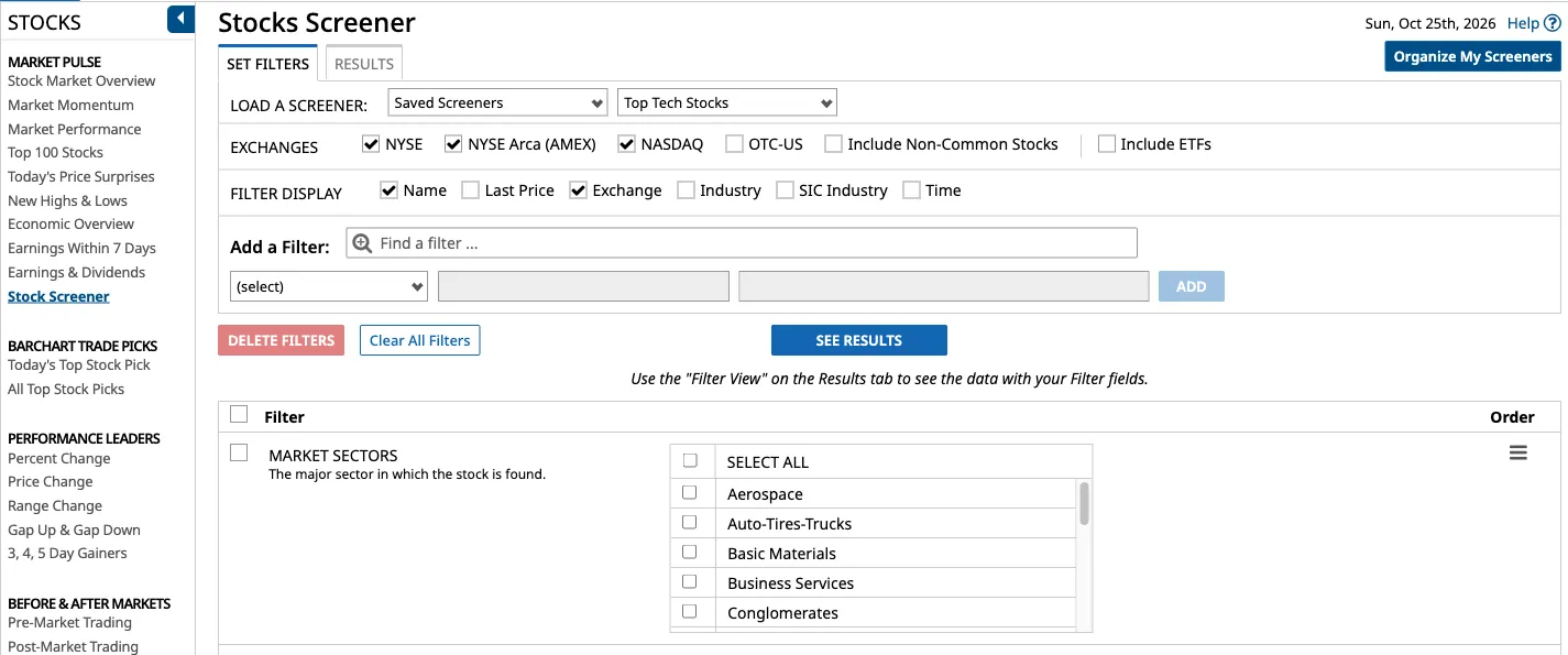 Barchart stock screener showing exchange checkboxes, an Add a Filter field and a market-sector filter with sector choices