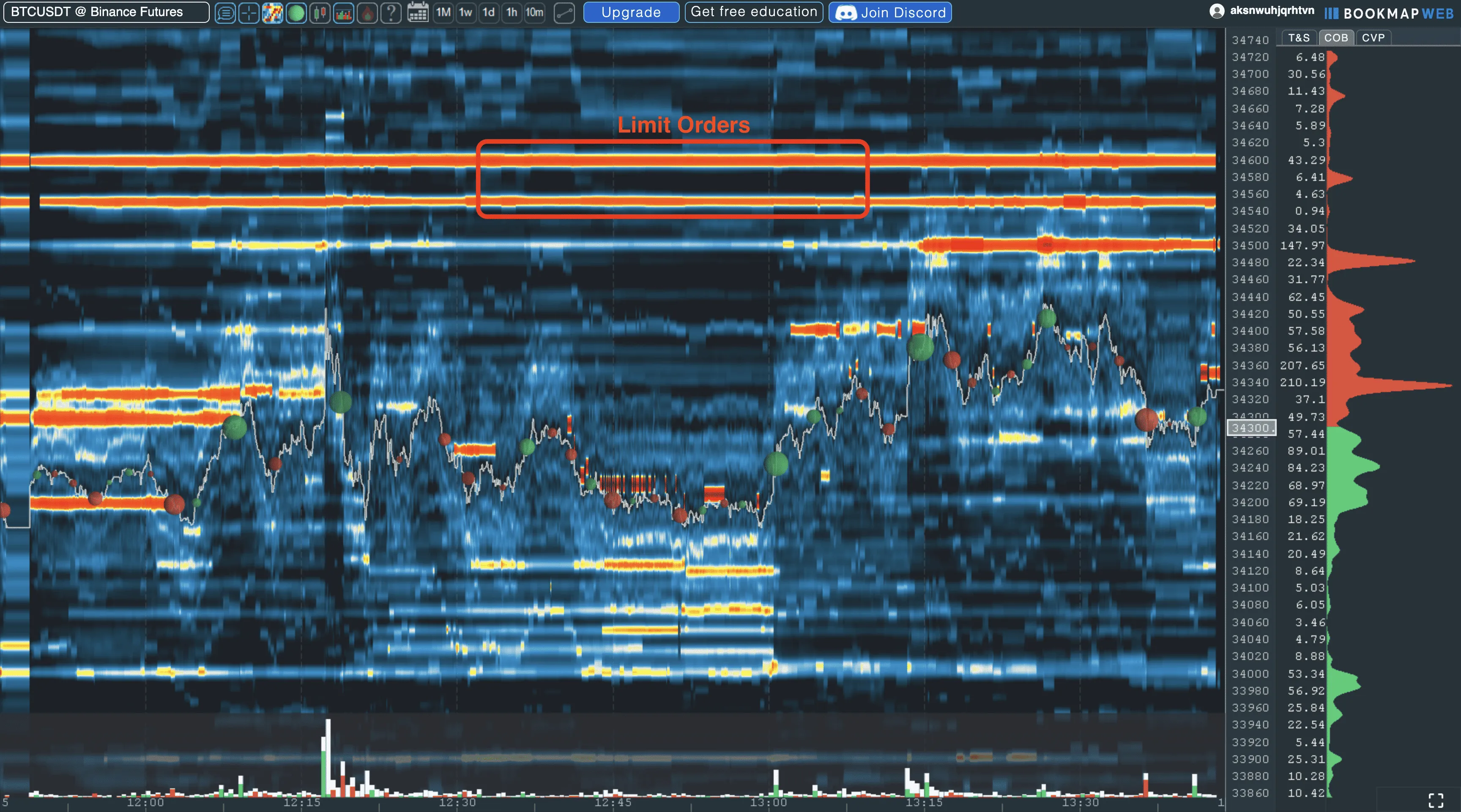 Bookmap Web BTCUSDT heatmap showing bright horizontal liquidity bands, an existing Limit Orders annotation and executed-trade bubbles