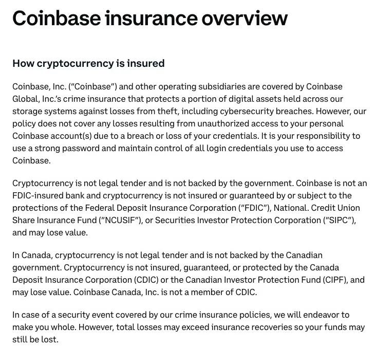 Coinbase help page "Coinbase insurance overview" saying that its crime insurance protects a portion of digital assets against theft, does not cover losses from a breach or loss of your own login credentials, and that total losses may exceed insurance recoveries