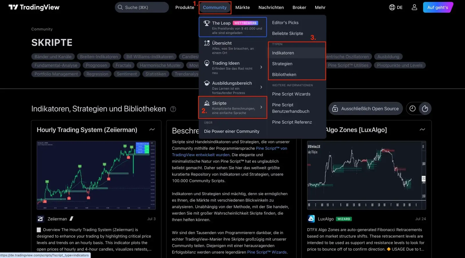 TradingView Community menu with the path to scripts, split into indicators, strategies and libraries