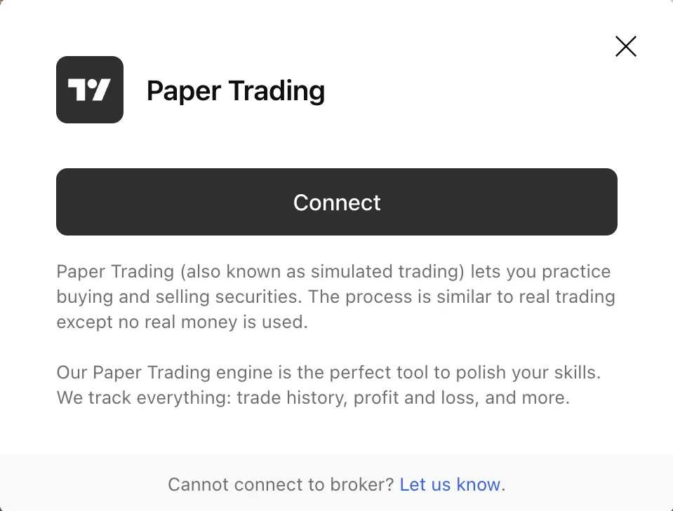 TradingView dialog titled Paper Trading with a large Connect button and a short explanation of simulated trading