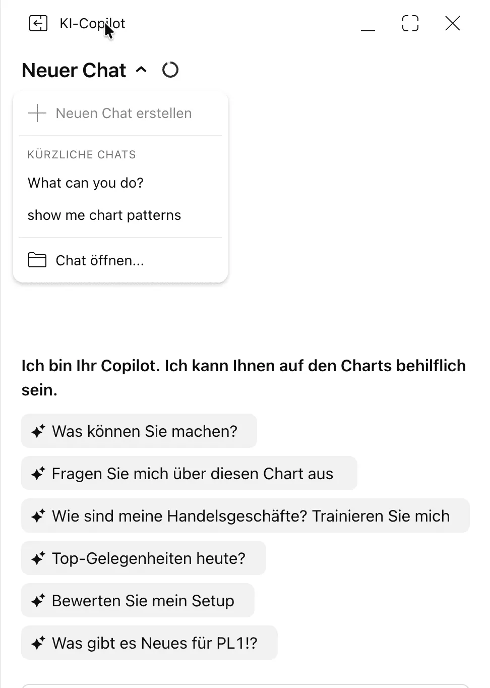 TradingView AI Copilot start screen with six suggested prompts and saved chats, German interface