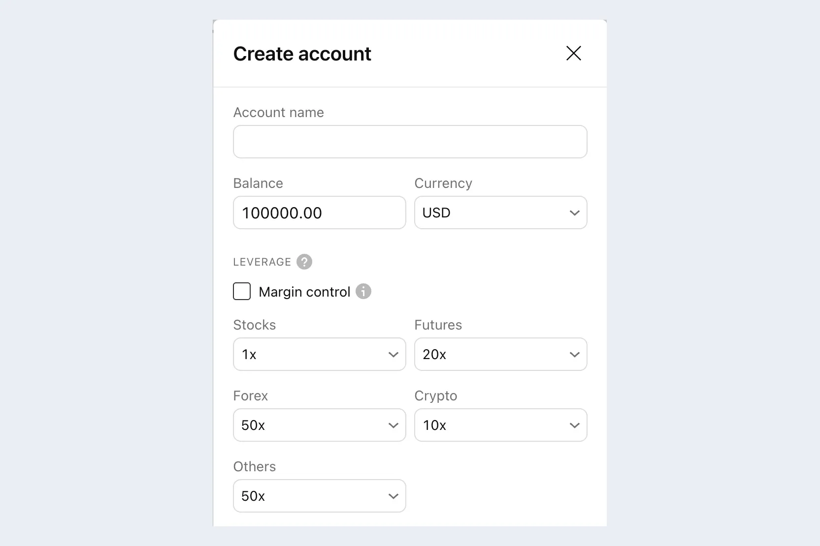 TradingView Create account dialog for paper trading with balance 100000.00 in USD, and leverage per asset class