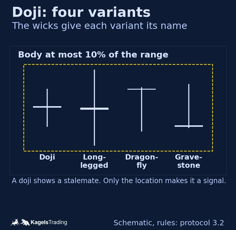 Four schematic doji candles named doji, long-legged, dragonfly and gravestone