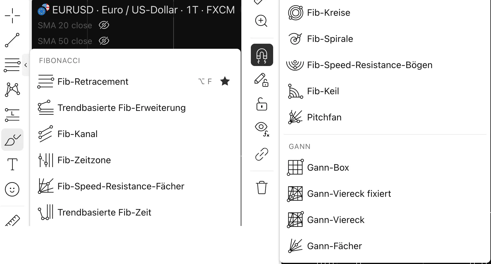 TradingView drawing tools menu with eleven Fibonacci tools and four Gann tools