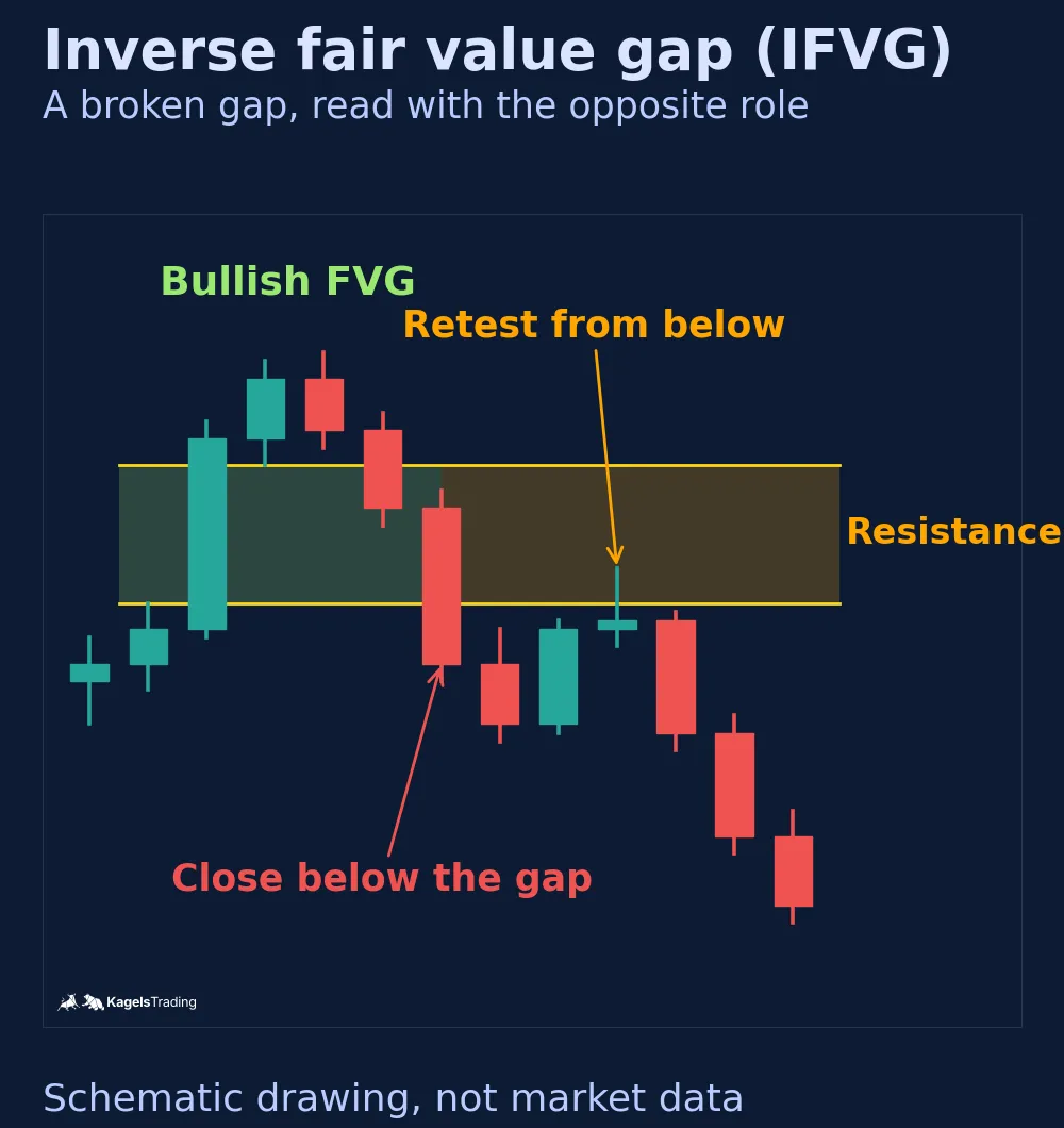 Schematic candle chart of an inverse fair value gap. A bullish gap forms, price later closes below its lower edge, the zone changes color from green to orange and price returns to it from below before falling again.