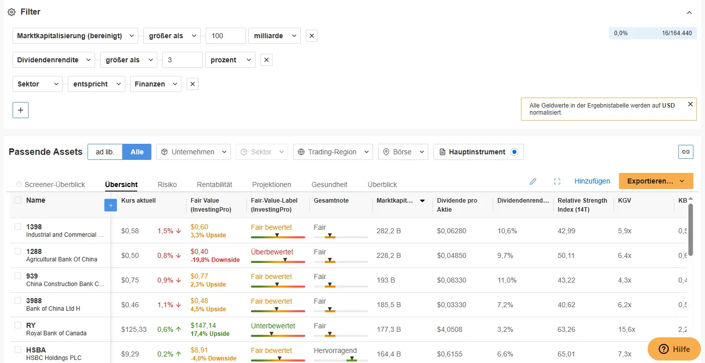InvestingPro stock screener with three filters for market cap, dividend yield and sector, and a results table with fair value and health score