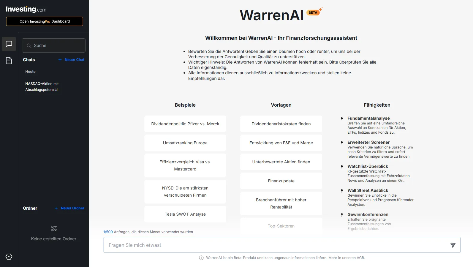 WarrenAI start screen with example questions, templates, a list of capabilities and a counter of 1 of 500 requests used this month