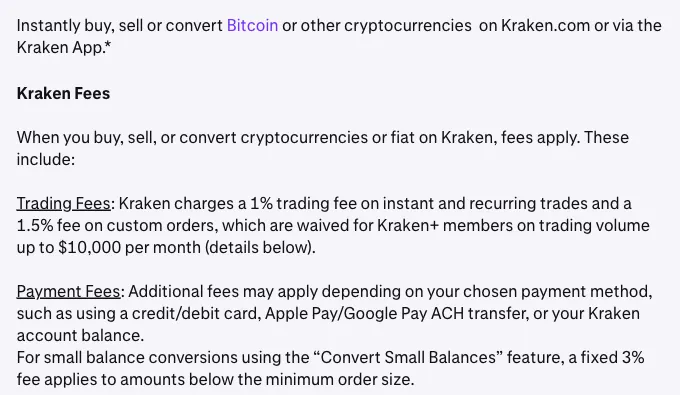Kraken fee schedule text saying Kraken charges a 1 percent trading fee on instant and recurring trades and 1.5 percent on custom orders, waived for Kraken+ members on trading volume up to 10,000 dollars per month, plus payment fees and a 3 percent fee for small balance conversions