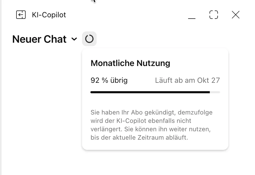 TradingView AI Copilot monthly usage display in percent with the end date of the period, German interface