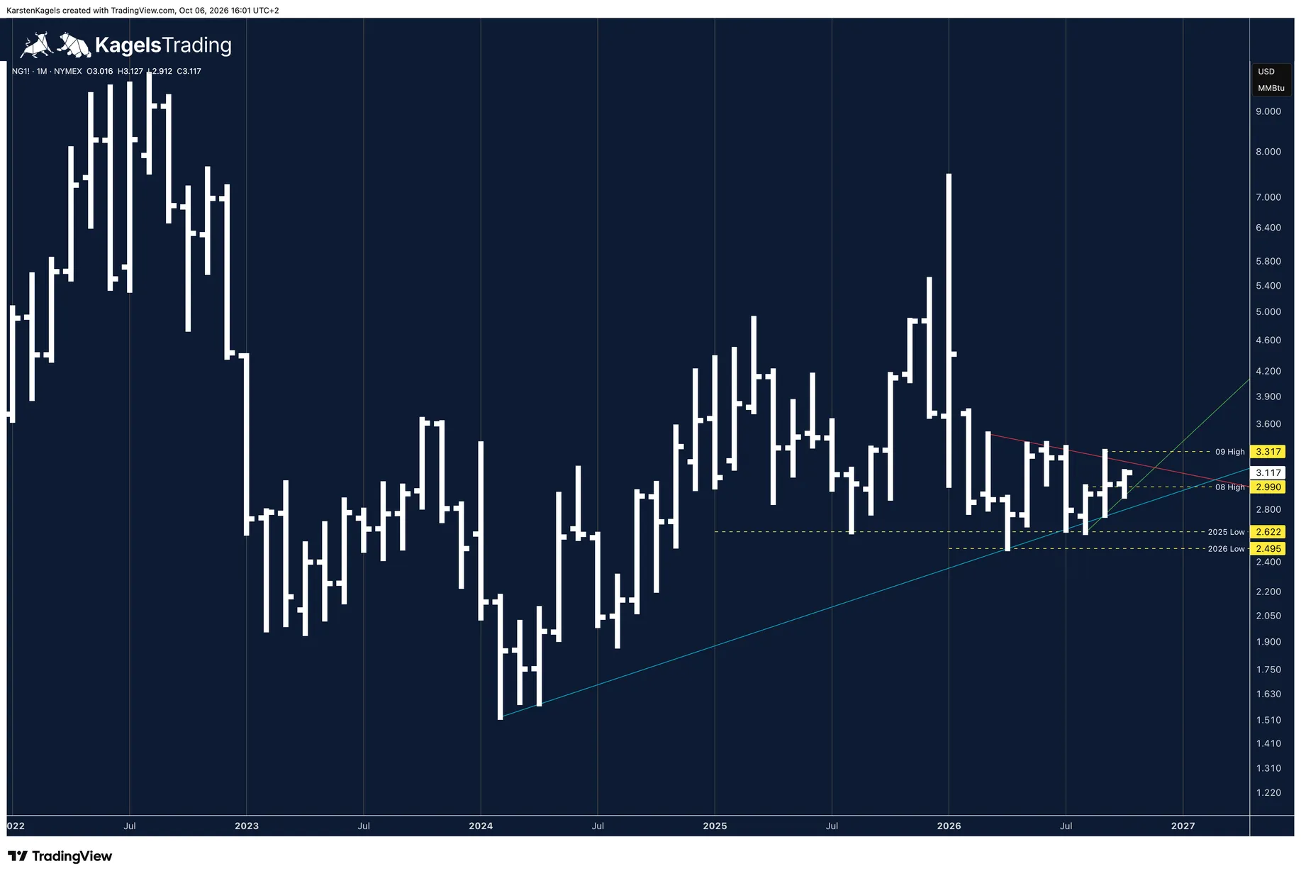 Natural gas forecast, long term: NG1! future on the monthly chart with the light blue support line from the 2024 low