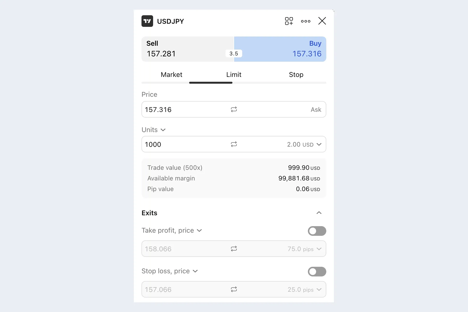 TradingView paper trading order ticket for USD/JPY with bid and ask price, tabs Market, Limit and Stop, quantity in units, and take profit and stop loss switches