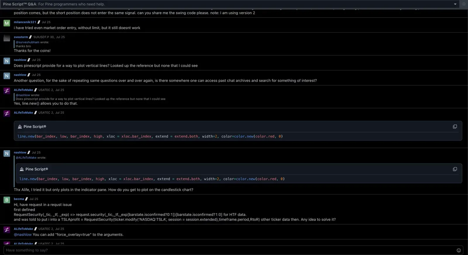 Pine Script Q&amp;A chat on TradingView with questions and code answers