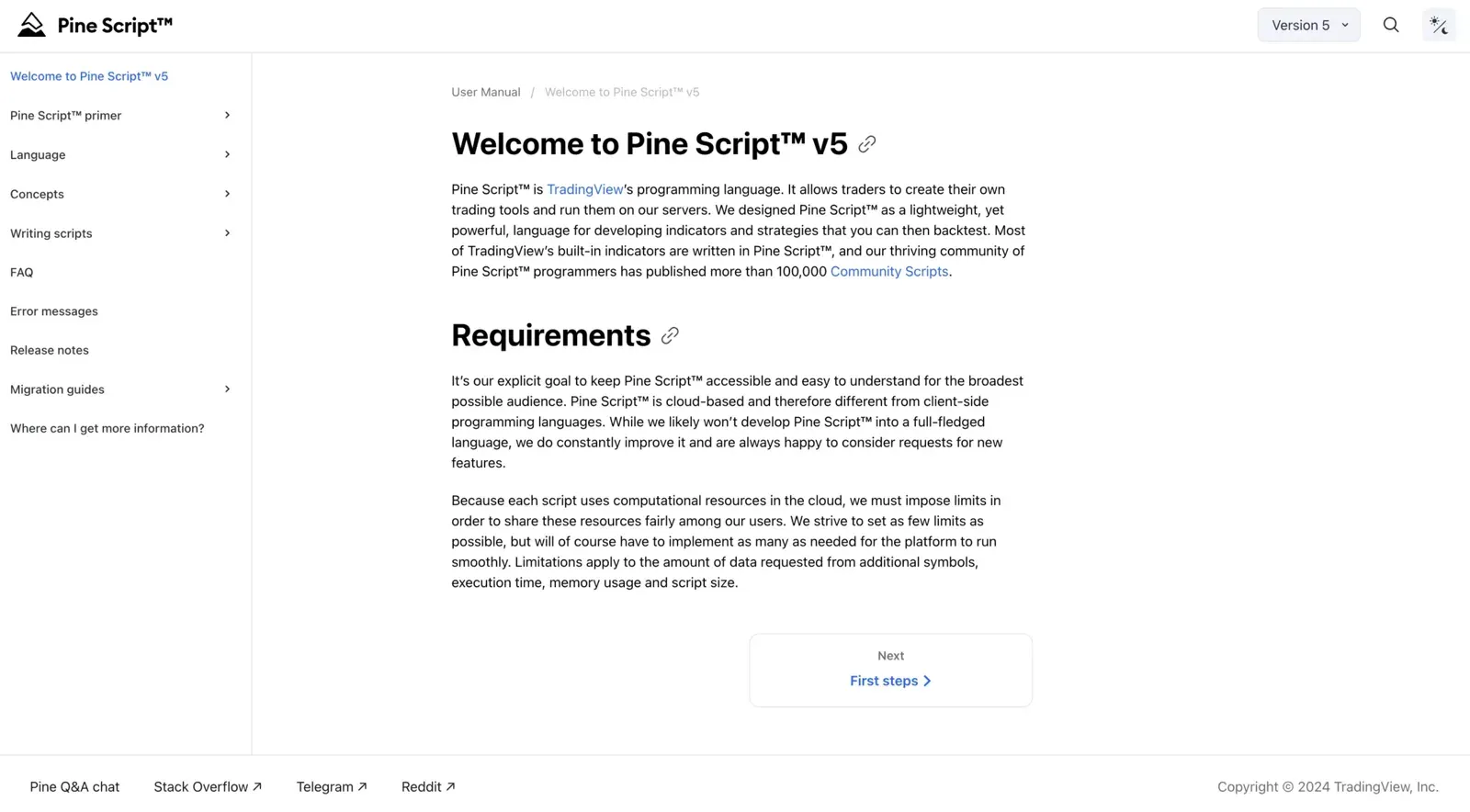 Pine Script User Manual on TradingView with the menu on the left and the welcome page