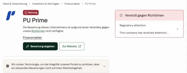 Trustpilot profile of PU Prime with a warning that the rating is not available because of a breach of Trustpilot's guidelines