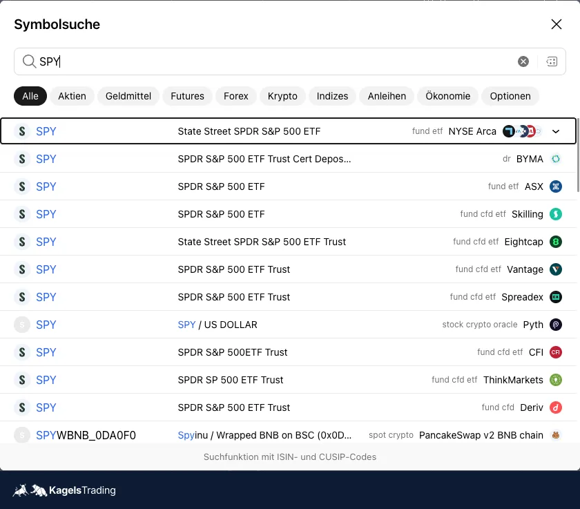 TradingView symbol search for SPY with results from NYSE Arca, ASX, BYMA and several CFD brokers