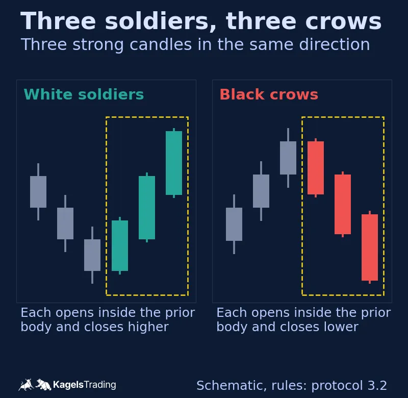 Schematic three white soldiers after a decline and three black crows after a rise, labeled white soldiers and black crows