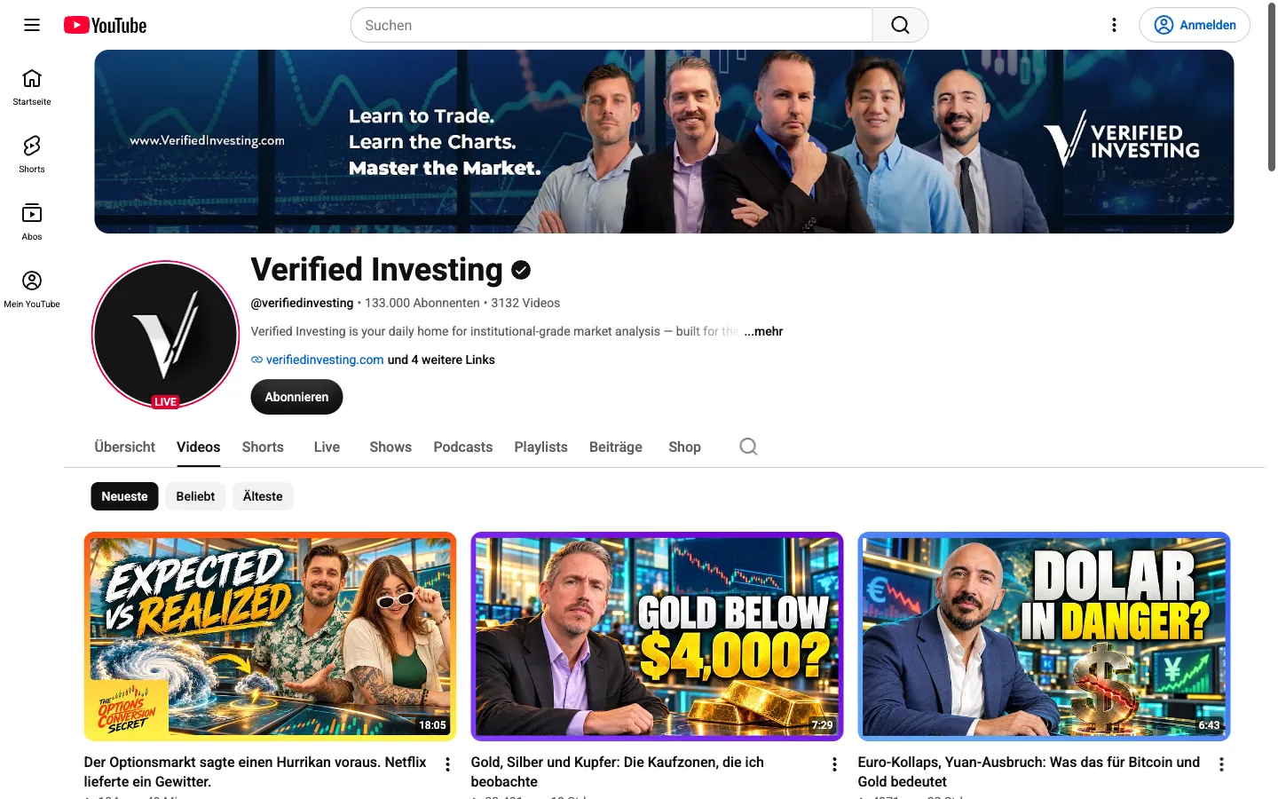The Verified Investing YouTube channel with the team banner, 133,000 subscribers, 3,132 videos and the latest uploads