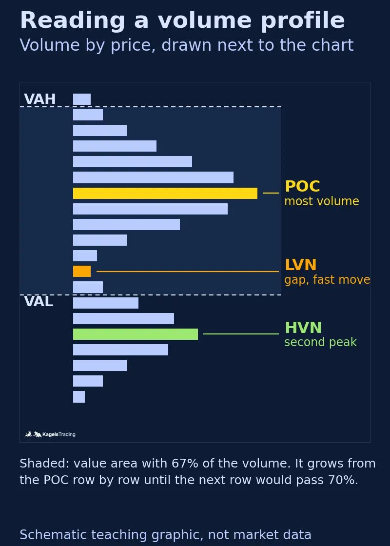 Schematic volume profile with horizontal bars; the point of control is the longest bar, the shaded value area between VAL and VAH holds 67 percent of the volume, a short bar inside it marks a low volume node and a second peak below the value area marks a high volume node