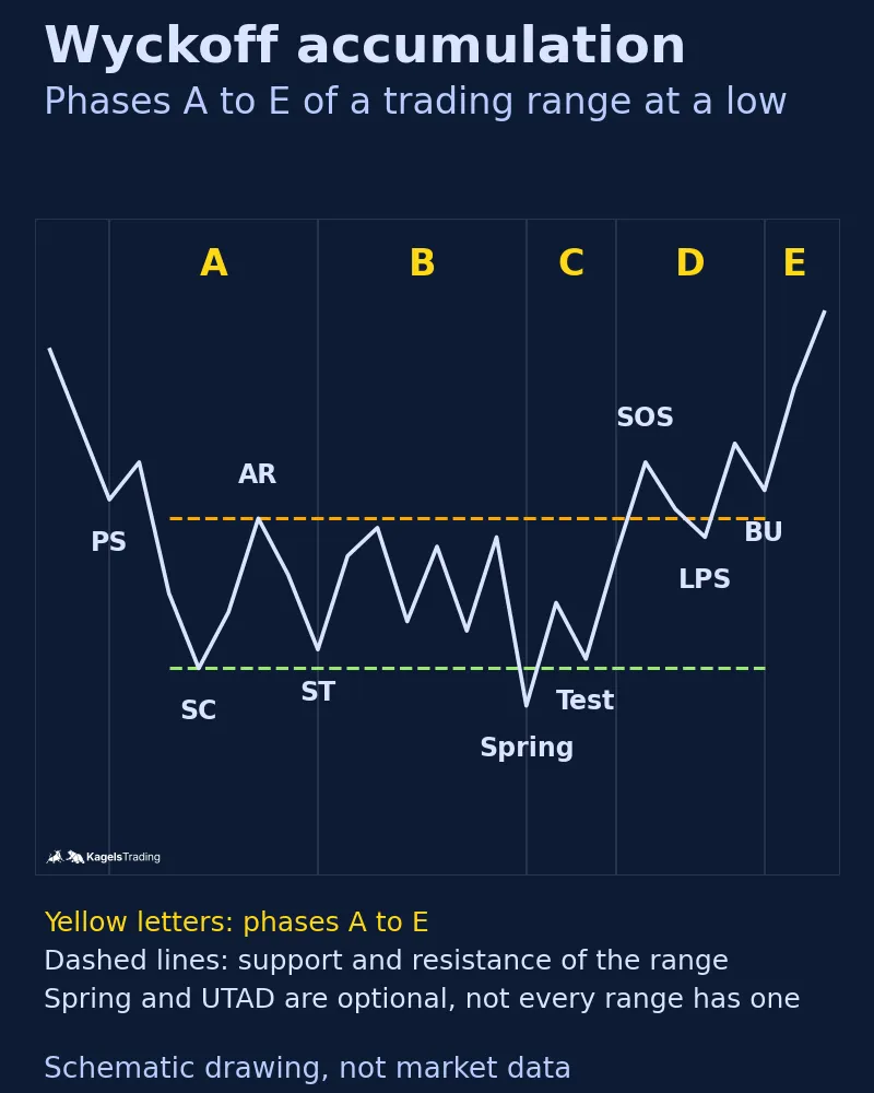 Schematic of a Wyckoff accumulation range with phases A to E; after a decline come preliminary support, selling climax, automatic rally and secondary test, then a spring below support, a test, a sign of strength, a last point of support and a backup before the advance