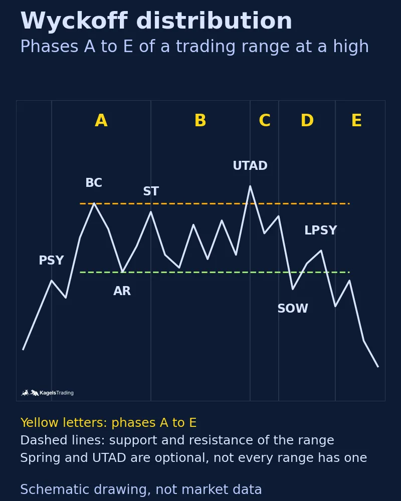 Schematic of a Wyckoff distribution range with phases A to E; after an advance come preliminary supply, buying climax, automatic reaction and secondary test, then an upthrust after distribution above resistance, a sign of weakness, a last point of supply and the decline