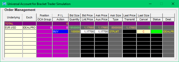 Bracket Trader, account display with BUY STPLMT order