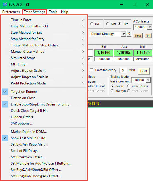 Bracket Trader Trade Settings