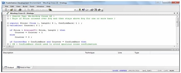 An example of the editor in TradeStation and the EasyLanguage programming language used in it.