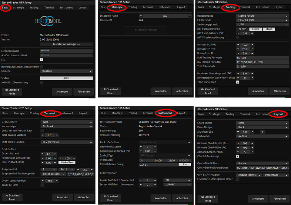 Screenshot of StereoTrader Setup panel basic settings