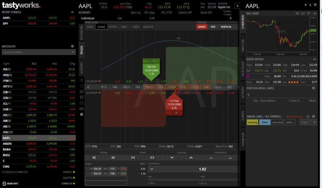 This image shows a screenshot of the Tastyworks desktop version.